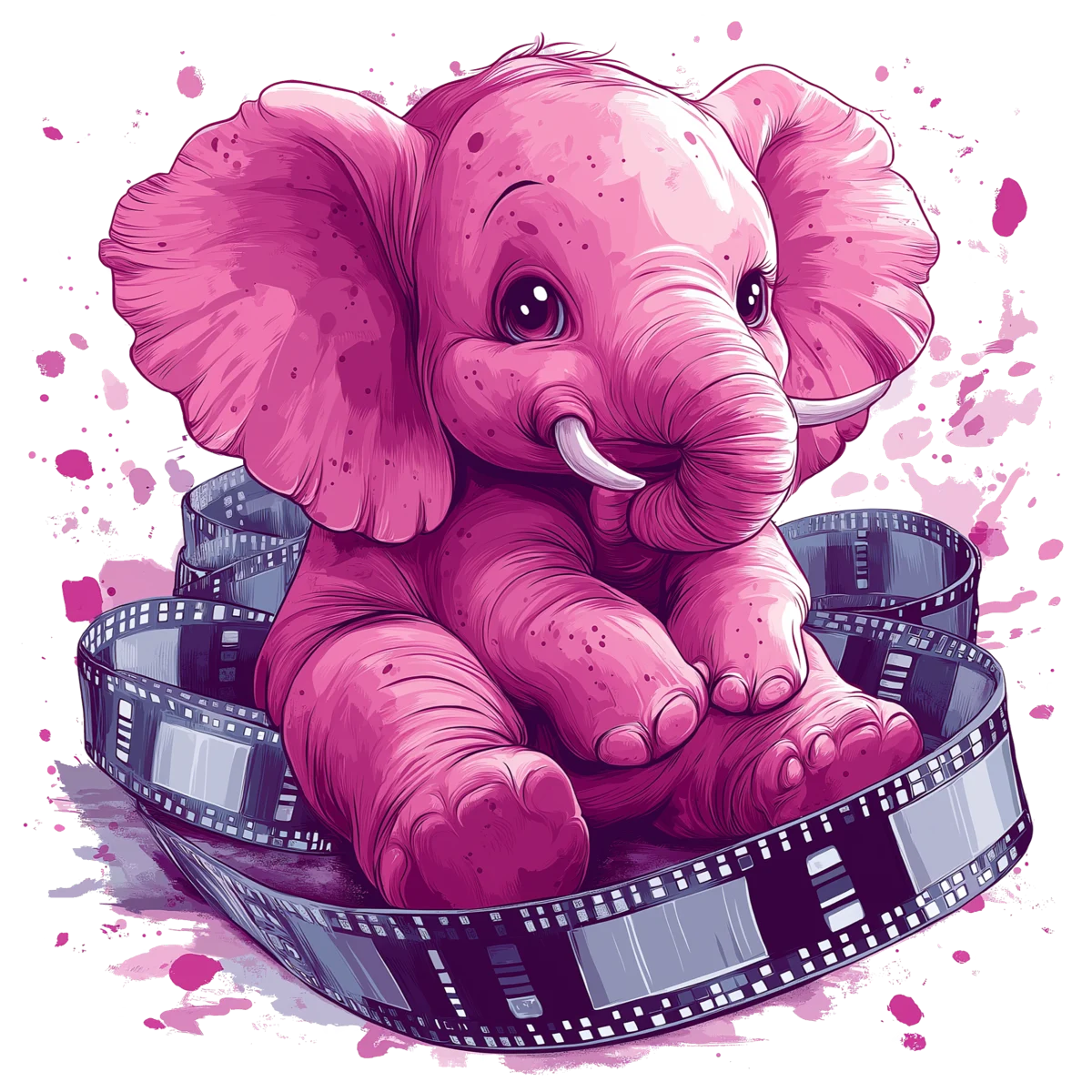 A cartoon pink baby elephant curled up in a reel of film